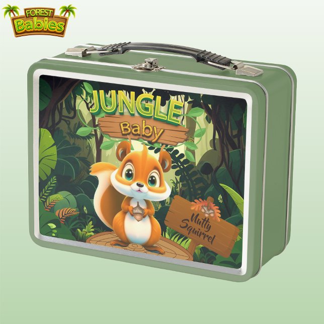 Lunch Box Écureuil Amoureux des animaux de la forêt faunique (Cute Jungle Baby Nutty Squirrel Whimsical Woodland Wildlife Animal Nature Green Metal Lunch Box 🐿)