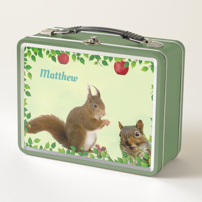 Lunch Box Écureuils mignons & Fruits de pomme sur fond vert  (Devant)