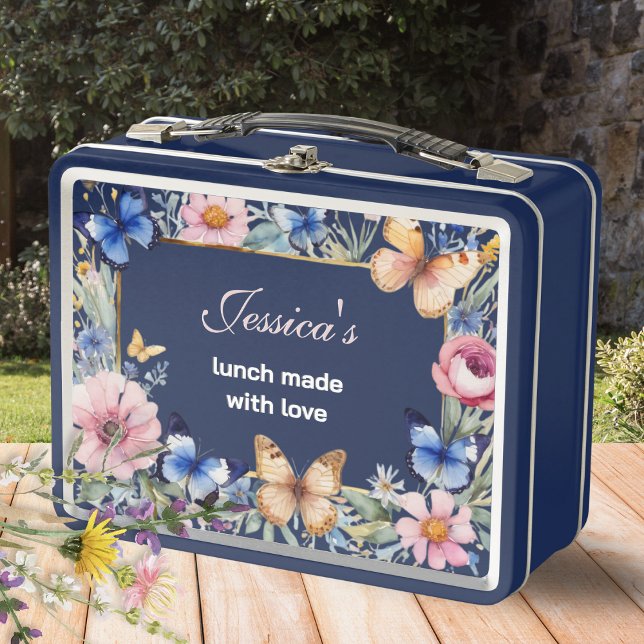Lunch Box Elégant Floral Retro Plutôt Bleu Marine Personnali (Personalized lunch box with monogram, flowers, butterflies and 'lunch made with love" words)