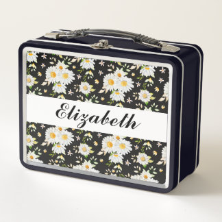 Lunch Box Élégant Monogramme noir et blanc Motif de margueri
