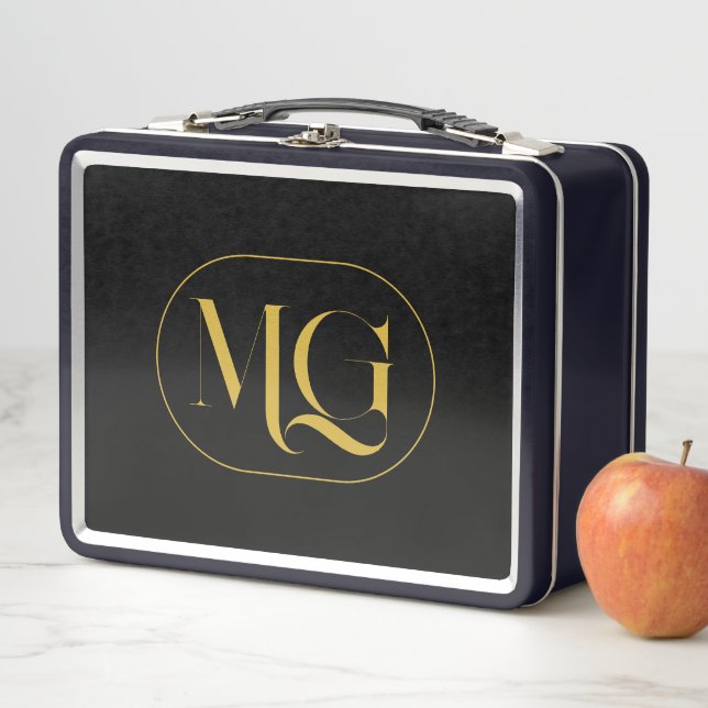 Lunch Box Élégant Monogramme Noir Personnalisé (En situation)