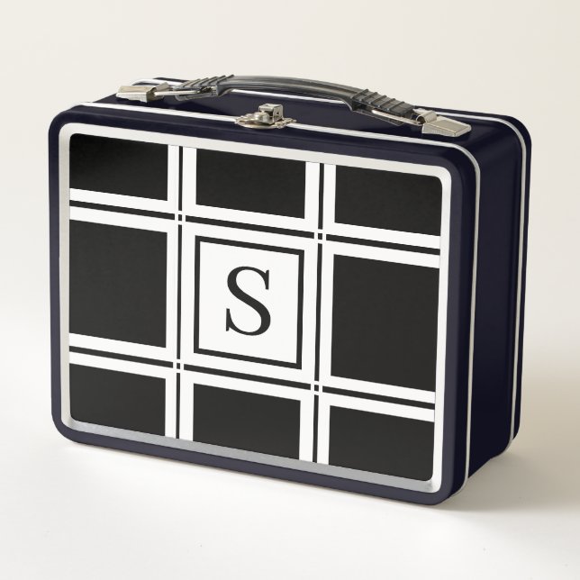 Lunch Box Élégant noir et blanc personnalisé unique initial (Devant)