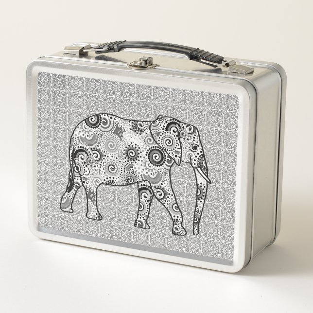 Lunch Box Éléphale tourbillon fractal, gris, noir et blanc (Devant)