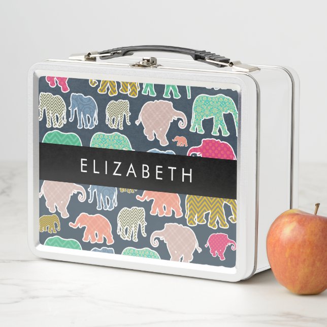 Lunch Box Eléphants colorés, Motif d'éléphants, Votre nom (En situation)