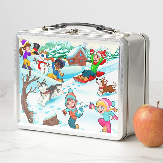 Lunch Box Enfants en hiver (Illustration of a metal lunchbox with a cartoon scene of children playing in the snow!)