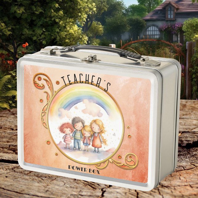 Lunch Box Enfants mignons Terra Cotta Enseignant Arc-en-ciel (Lunch Box featuring a cute watercolor painting of children holding hands under the rainbow.)