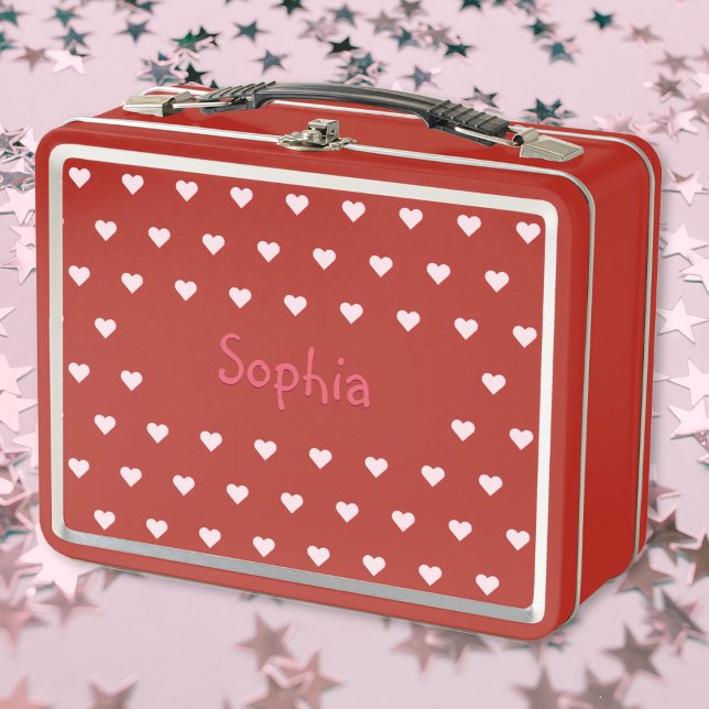Lunch Box Enfants personnalisés Filles Nom Pink Hearts Schoo (Personalized Kids Girls Name Pink Hearts School Metal Lunch Box)