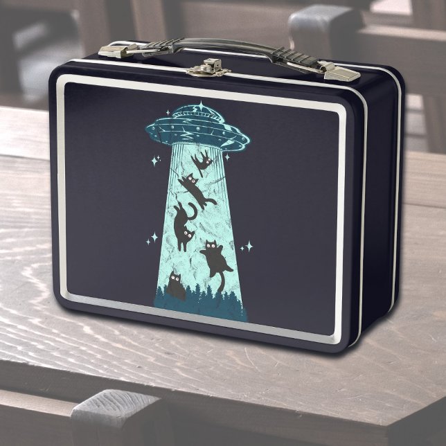 Lunch Box Enlèvement d'Alien de chats amusants (UFO cats abduction vintage lunchbox)