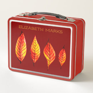 Lunch Box Feuilles d'automne peintes Nom personnalisé Rouge