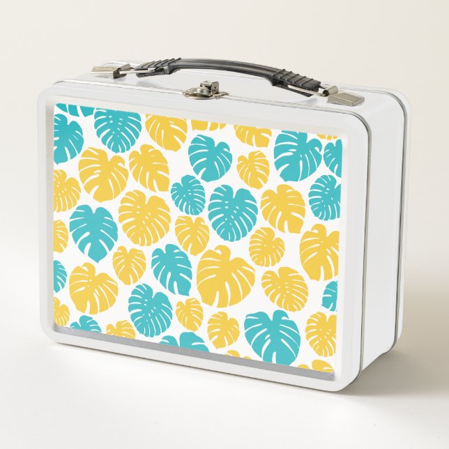 Lunch Box Feuilles Monstera en Turquoise, Jaune et Blanc (Devant)