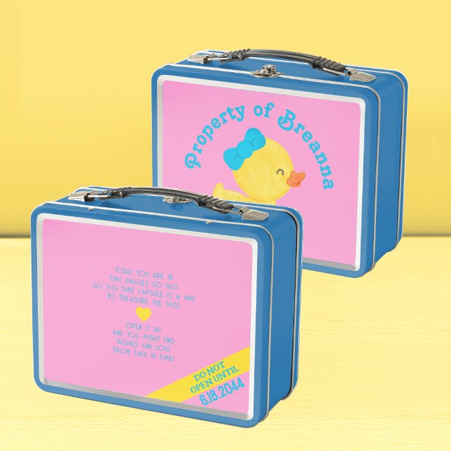 Lunch Box Fille Canard en caoutchouc 1er Anniversaire heure  (Girl Rubber Duck Pink Time Capsule Lunchbox Storage for 1st Birthday Time Capsule)