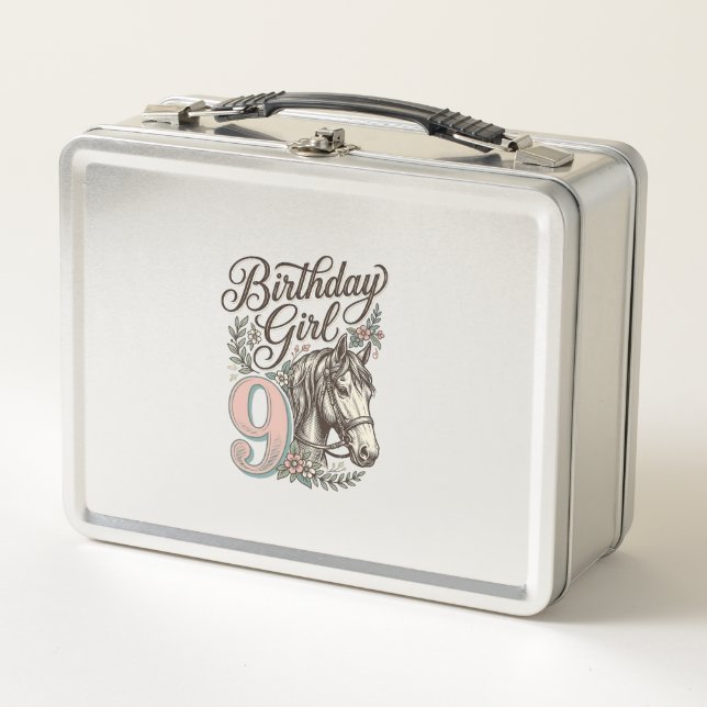 Lunch Box Fille d'anniversaire 9 Cheval Floral Gravure Vinta (Devant)