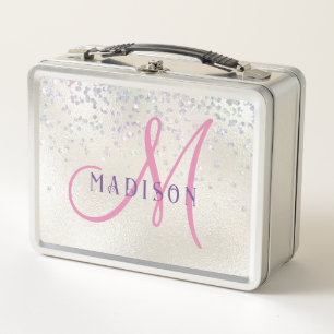 Lunch Box Fille de script rose monogrammé perle d'argent pai