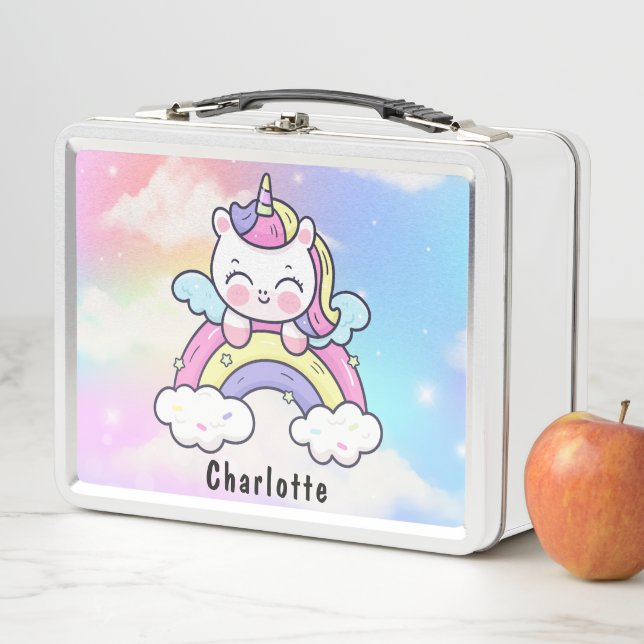Lunch Box Fille rose Kawaii Unicorn Chat Holographique Arc-e (En situation)