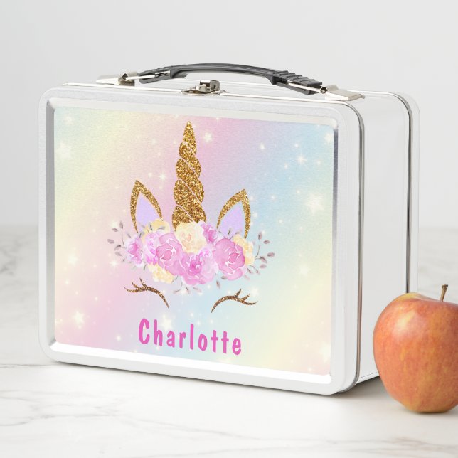 Lunch Box Fille rose Kawaii Unicorn Chat Holographique Arc-e (En situation)