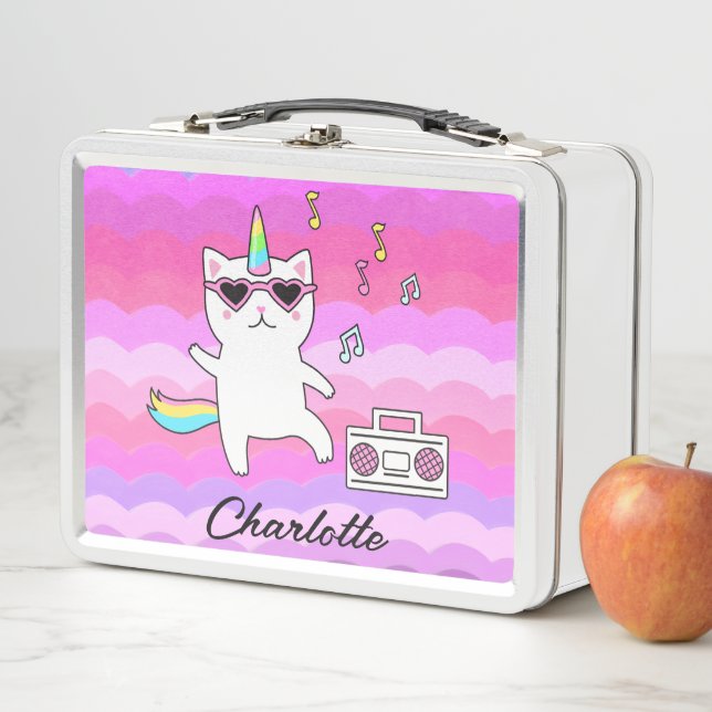 Lunch Box Fille Rose Kawaii Unicorn Chat Personnalisé (En situation)