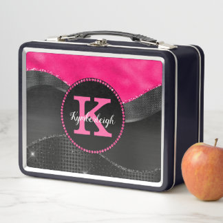 Lunch Box Fille Rose Noir Gris Vagues Glam Monogramme Nom