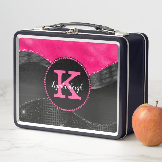 Lunch Box Fille Rose Noir Gris Vagues Glam Monogramme Nom (En situation)