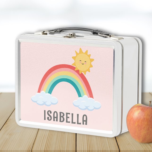 Lunch Box Filles mignonnes Rose Arc-en-ciel Enfants Personna (Cute Custom Name Lunchbox for girls with rainbow and sun)