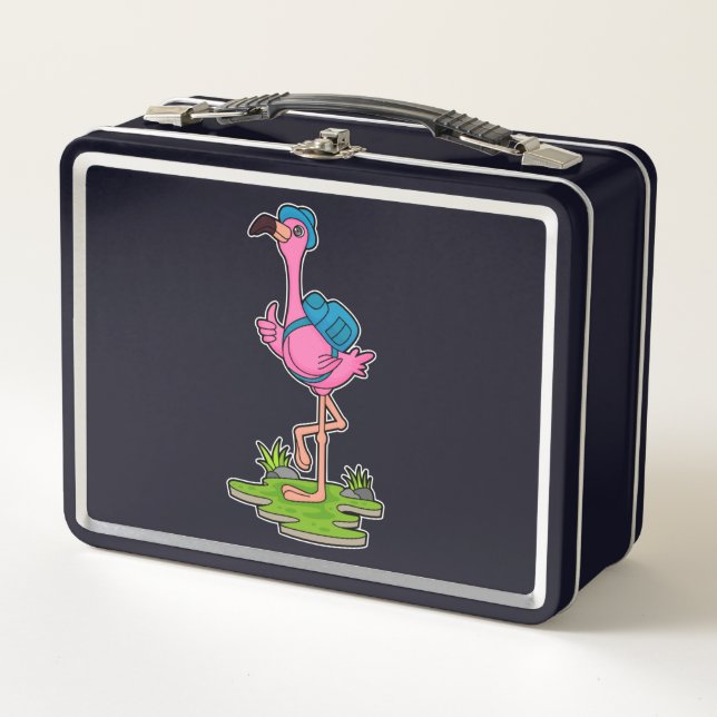 Lunch Box Flamant rose comme randonneur avec sac à dos (Devant)