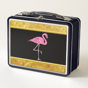 Lunch Box Flamants roses roses debout avec texture de feuill