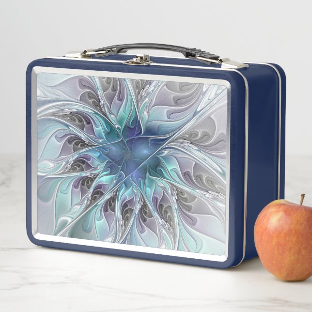 Lunch Box Fleur de fractale moderne abstraite avec du bleu (En situation)