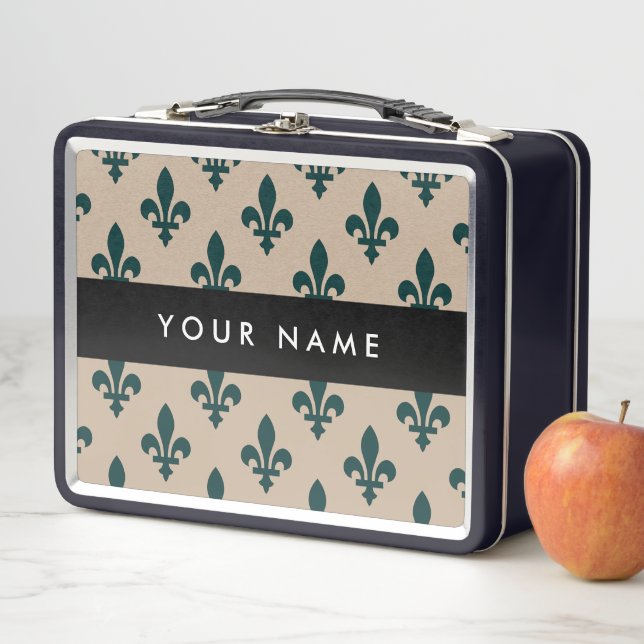 Lunch Box Fleur de Lis, Vert sur Beige, Royal, Votre Nom (En situation)