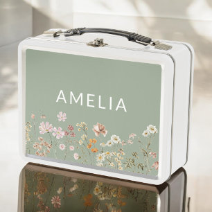 Lunch Box Fleur sauvage Boho Vert Sage Retourner À L'École