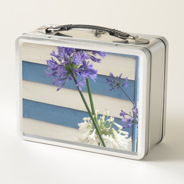 Lunch Box Fleurs D'Allium Blanches Et Mauves Sur Des Bandes (Dos)