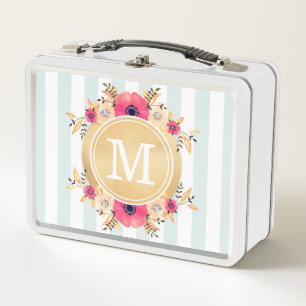 Lunch Box Fleurs d'aquarelle à la menthe Faux or Monogramme