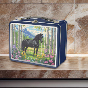 Lunch Box Fleurs de Cheval Noir Pré Rose Bleu Amusant