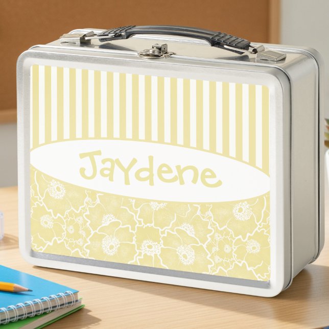 Lunch Box Fleurs de citron et de crème avec des rayures (Lemon yellow stripes & flowers lunchbox. Name Jaydene, fully customizable.)