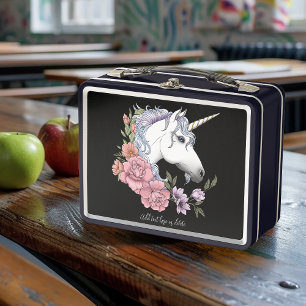 Lunch Box Fleurs de licorne blanche enchantée rose noir