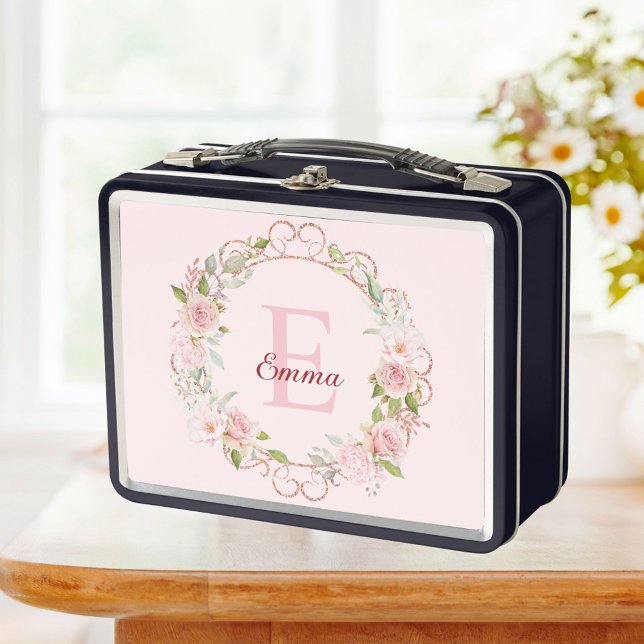 Lunch Box Fleurs de rose rose blush aquarelle monogramme flo (In situ)