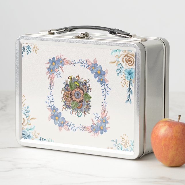 Lunch Box Fleurs de Teal Doux – Art Botanique Pastel (En situation)