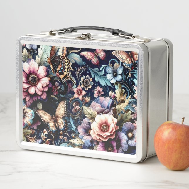 Lunch Box Fleurs et papillons de printemps antiques (En situation)