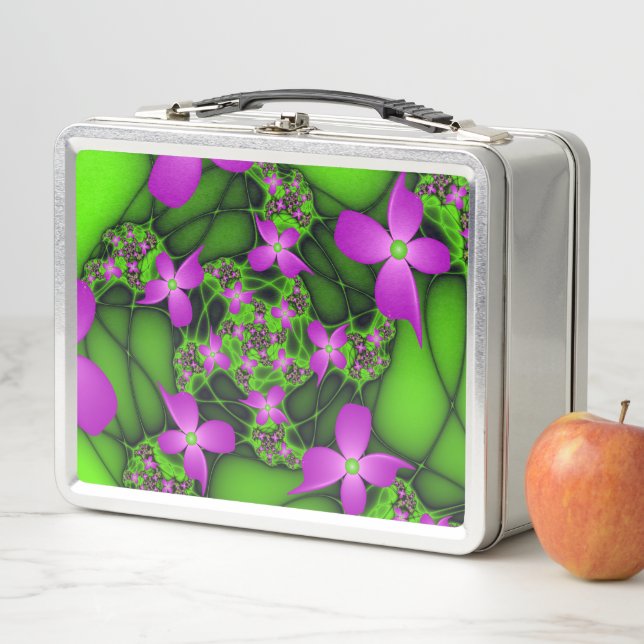 Lunch Box Fleurs fractales Abstraites de néon rose vert (En situation)