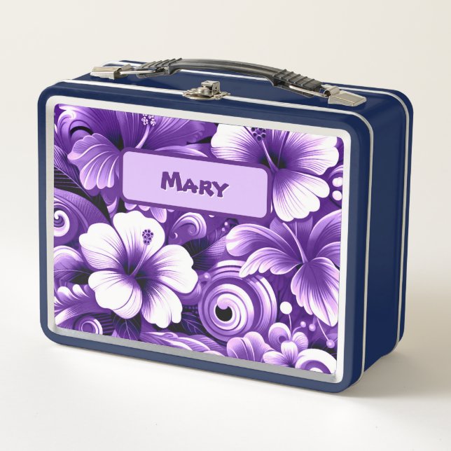 Lunch Box Fleurs hawaïennes tropicales Hibiscus Motif violet (Devant)