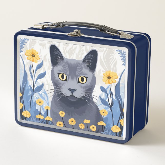 Lunch Box Fleurs Jaunes Chat Bleu Russe (Devant)
