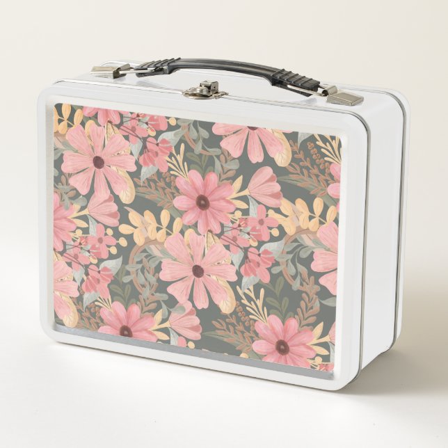 Lunch Box Fleurs vertes rose Sage Laisser Motif Aquarelle (Devant)