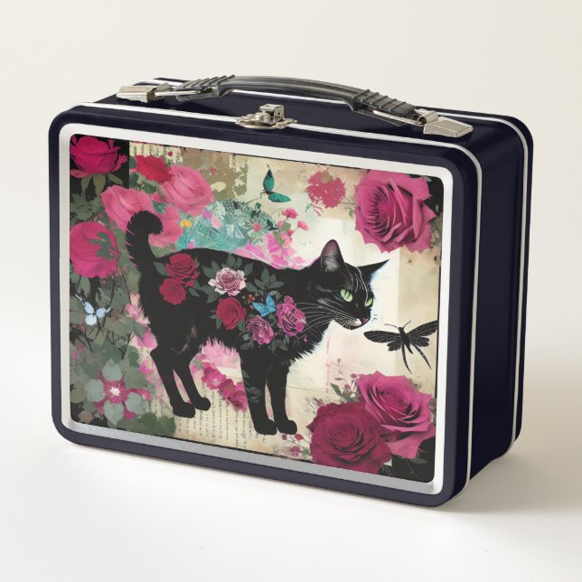 Lunch Box Floral Chat Noir Avec Roses Et libellule (Devant)