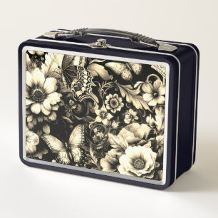 Lunch Box Floral d'antiquité d'or aux papillons