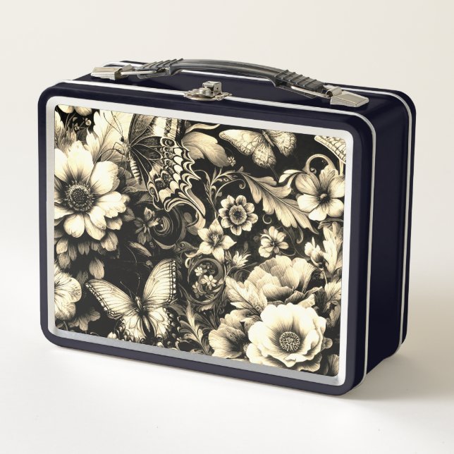 Lunch Box Floral d'antiquité d'or aux papillons (Devant)