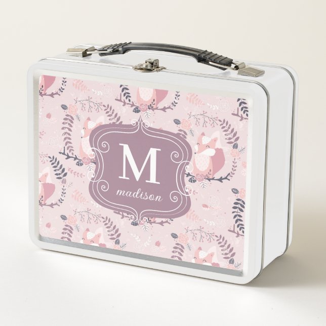 Lunch Box Foxes mignonnes Moderne Adorable Fille Monogramme  (Devant)