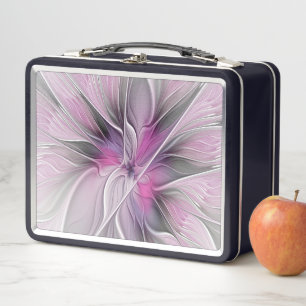 Lunch Box Fractal Floral Moderne Abstrait Fleur Rose Gris