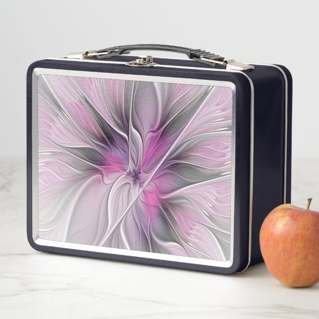 Lunch Box Fractal Floral Moderne Abstrait Fleur Rose Gris (En situation)
