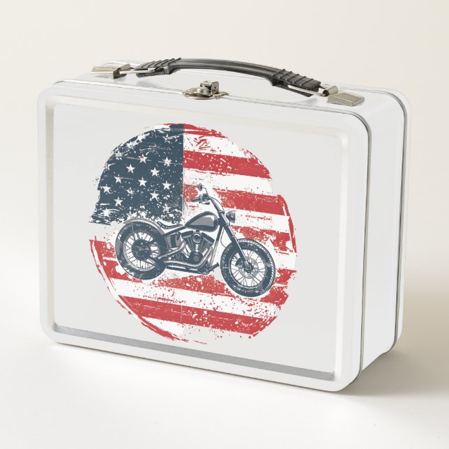 Lunch Box Freedom Ride : Moto rétro et drapeau américain (Devant)