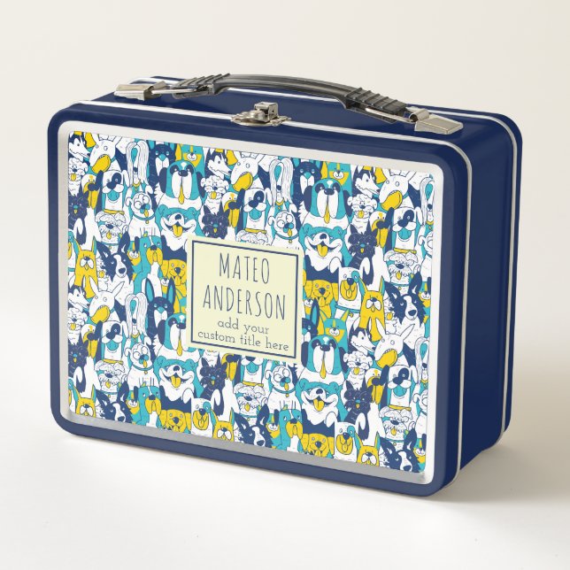 Lunch Box Fun Blue Yellow Dogs Pattern Personalized Name (Devant)