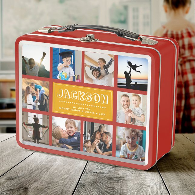 Lunch Box Fun Custom Kids Name Family Photo Collage Jaune (Créateur téléchargé)