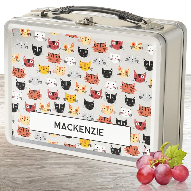 Lunch Box Funny Kitty Chat Nom personnalisé (Fun kitty cat pattern personalized custom name metal lunch box)